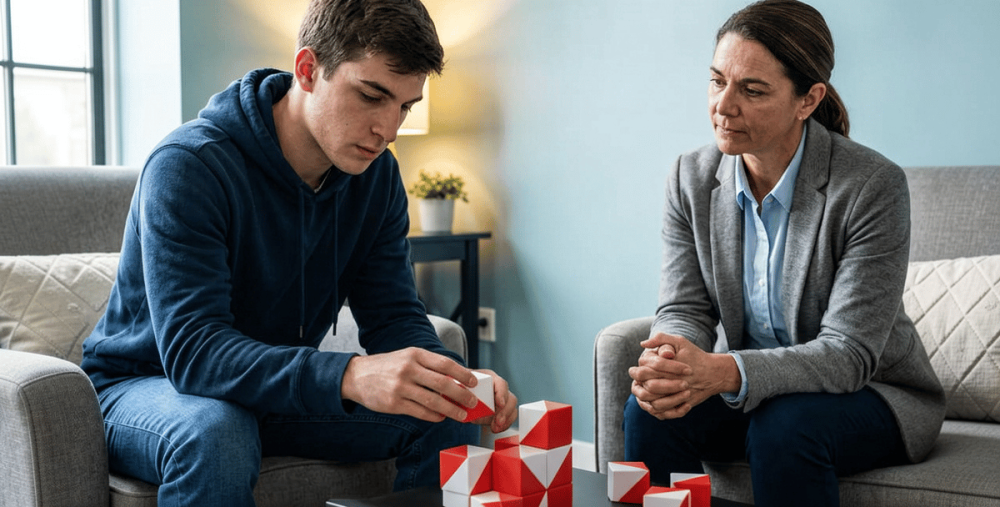 Psicóloga aplicando evaluación cognitiva a un adolescente en contexto clínico educativo